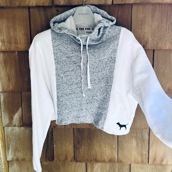PINK Victoria’s Secret  GRAY & WHITE HOODED CROPPED SWEATSHIRT  Size XS - Picture 1 of 12